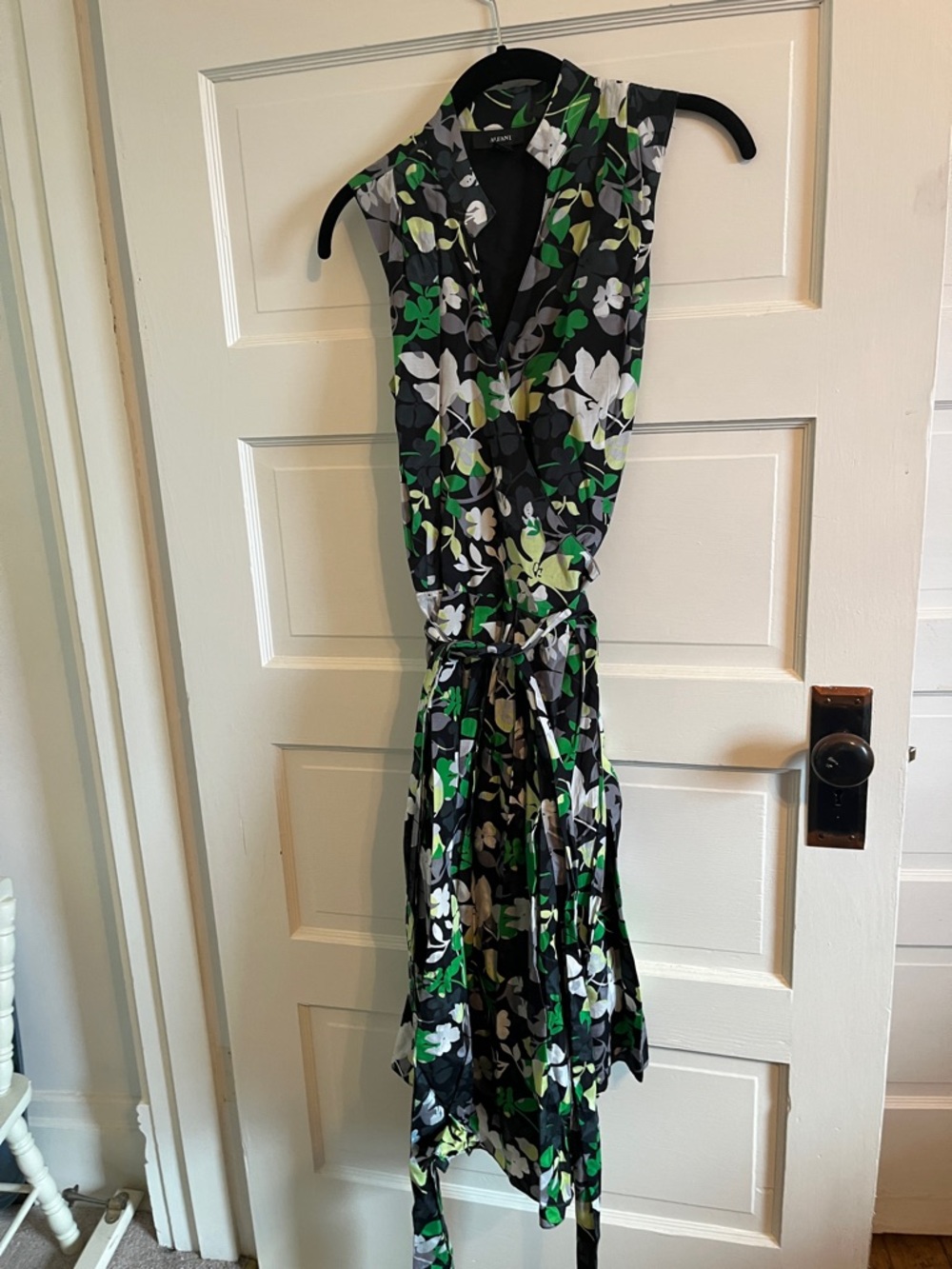 Alfani Black Floral Wrap Midi Dress with Green & White Accents